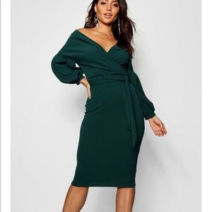 Boohoo Green Wrap Midi Dress